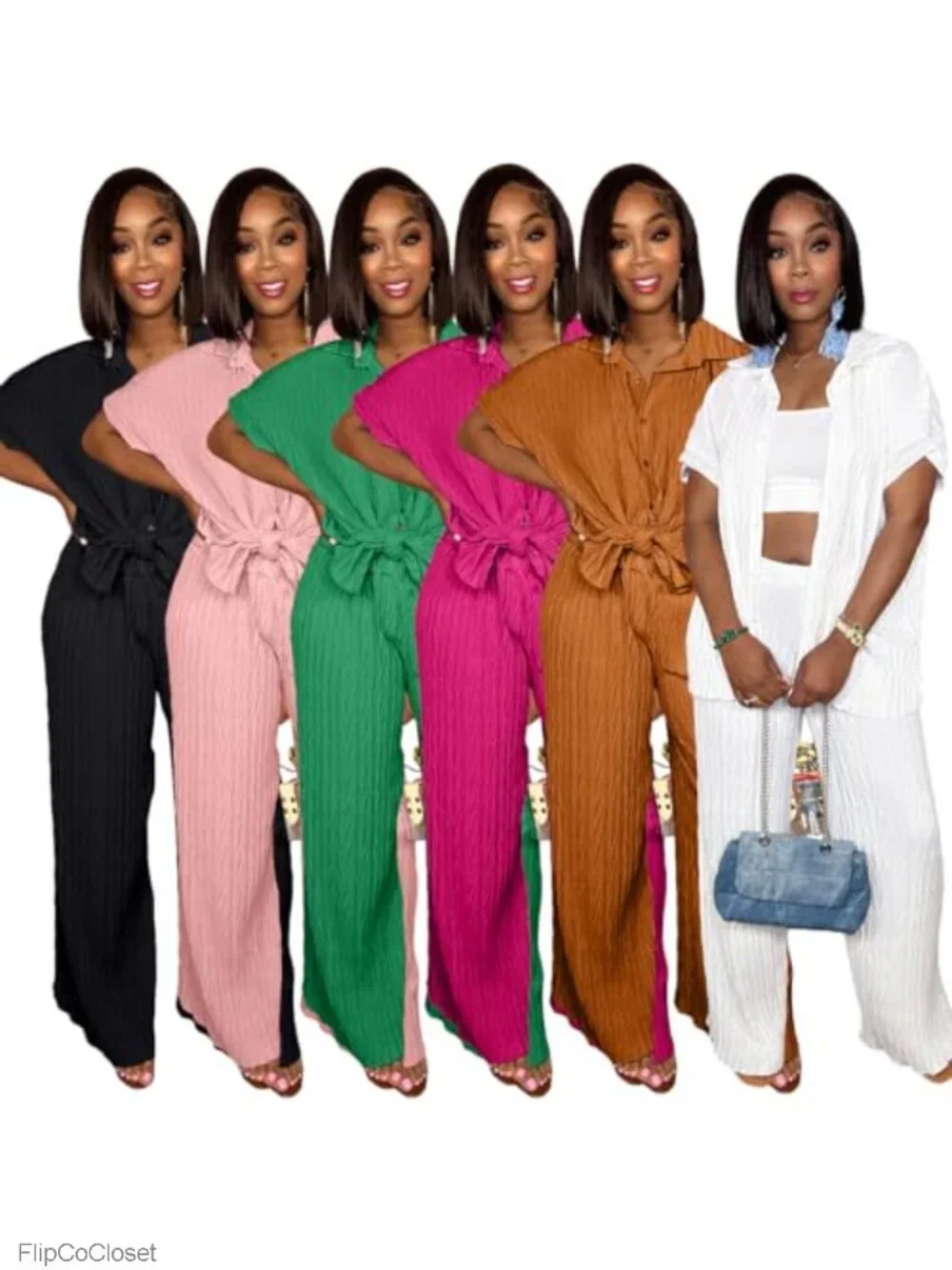 Women's 2 Piece Outfit Short Sleeve Button Down Shirt & Wide Leg Pants Set